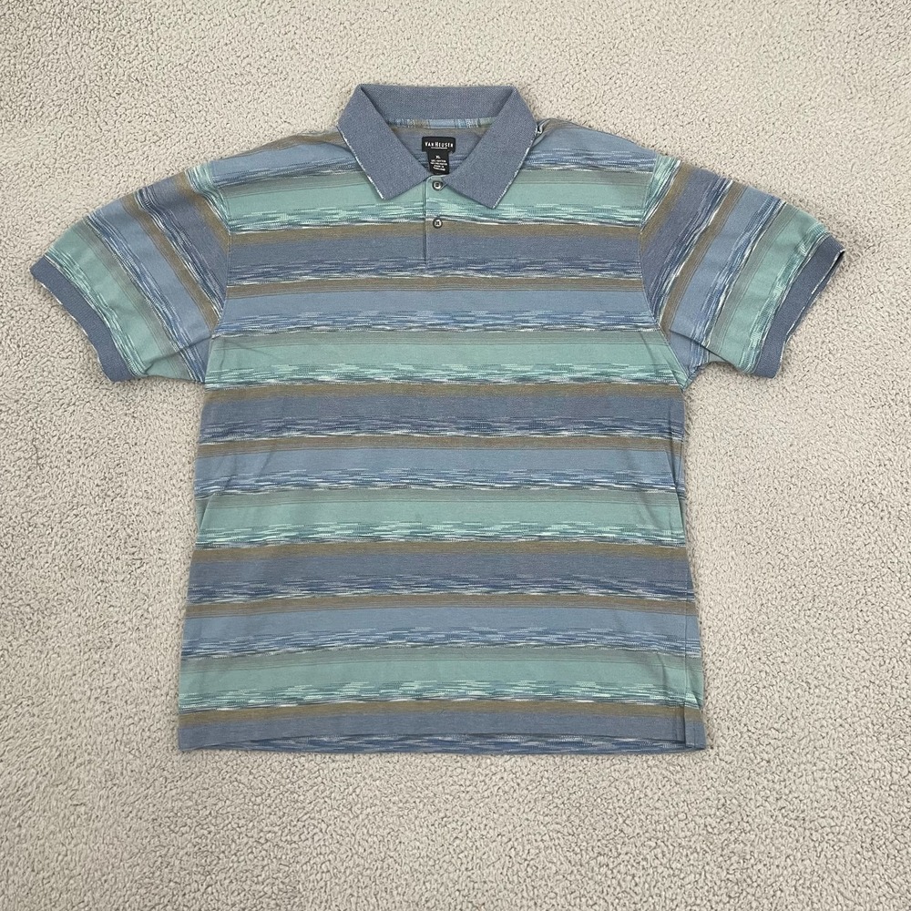 Van Heusen Polo Shirt Men XL Blue Striped Classic Preppy Golf Short Sleeve